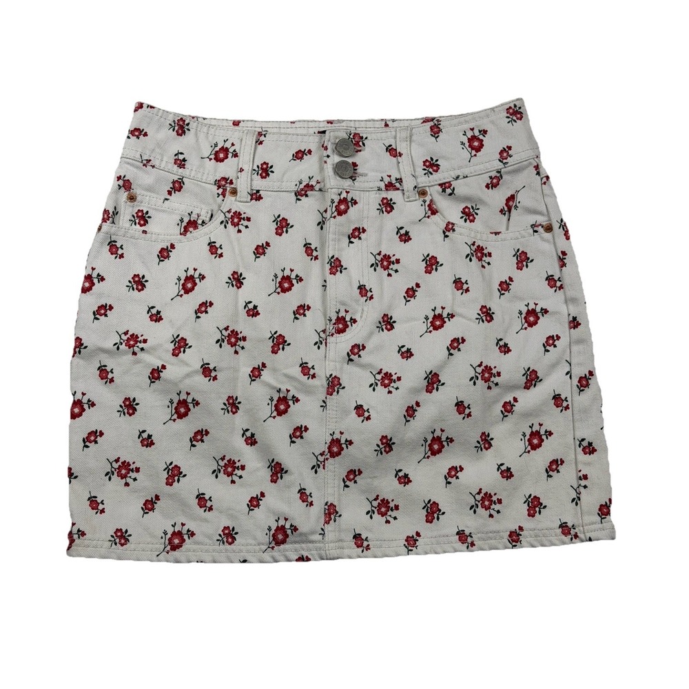 BDG Urban Outfitters Size M White Red Floral Y2K Denim Mini Skirt Festival